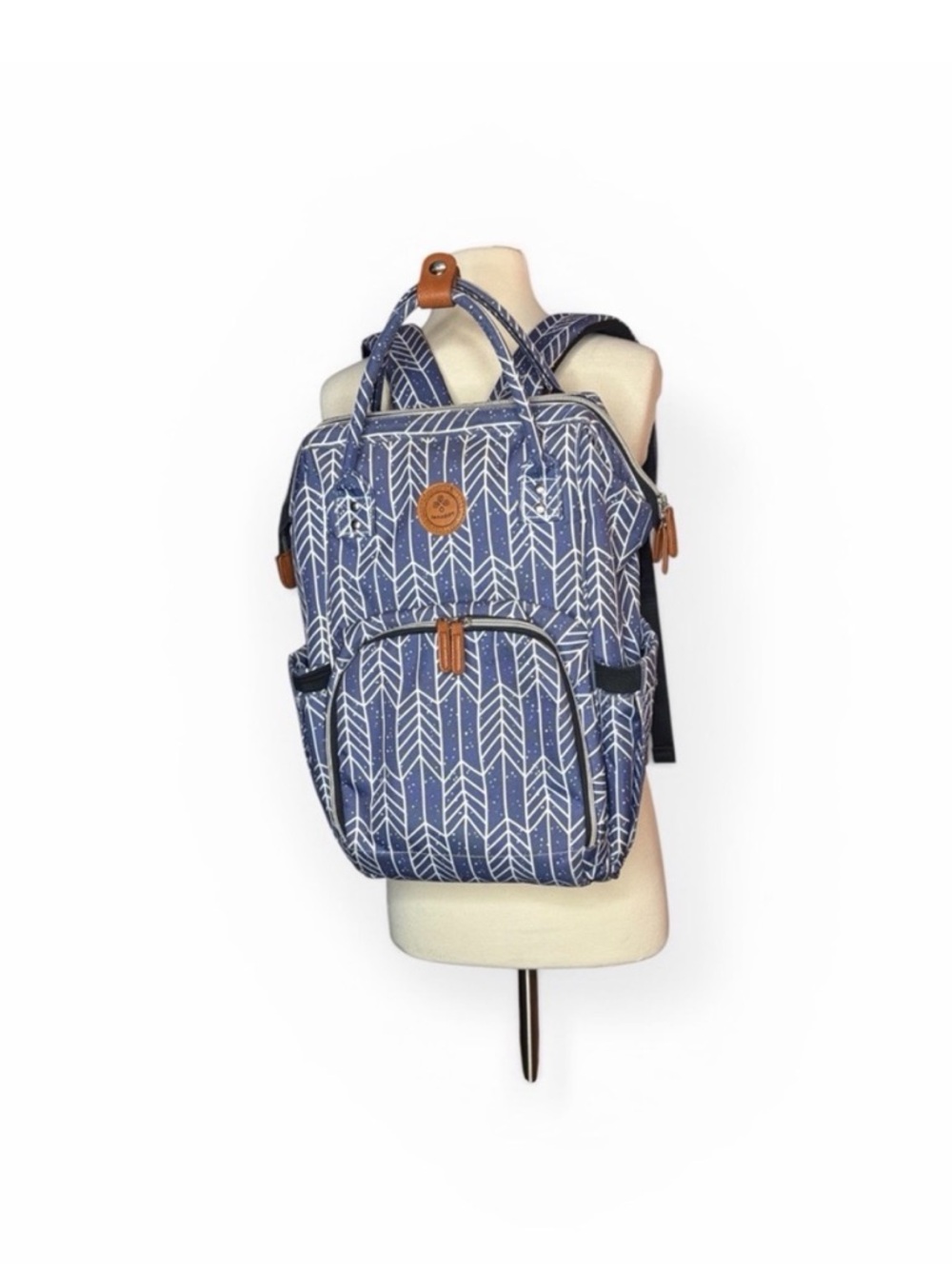 Lenappy Blue Arrow Pattern Diaper Bag Backpack with Tan Accents